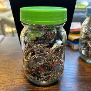 Jar of Mixed Costume Jewelry and Parts